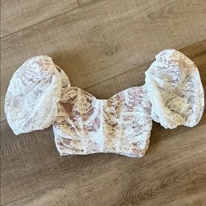 For Love And Lemons White Lace Puff Sleeve Blouse